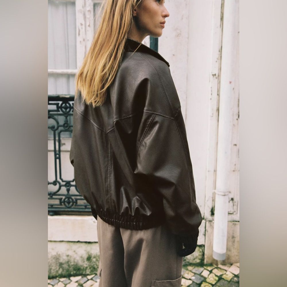 ZARA FAUX LEATHER HIGH COLLAR BOMBER JACKET - Picture 12 of 14